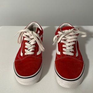 Vans red shoes. Size 6 in men’s and 7.5 in women’s.